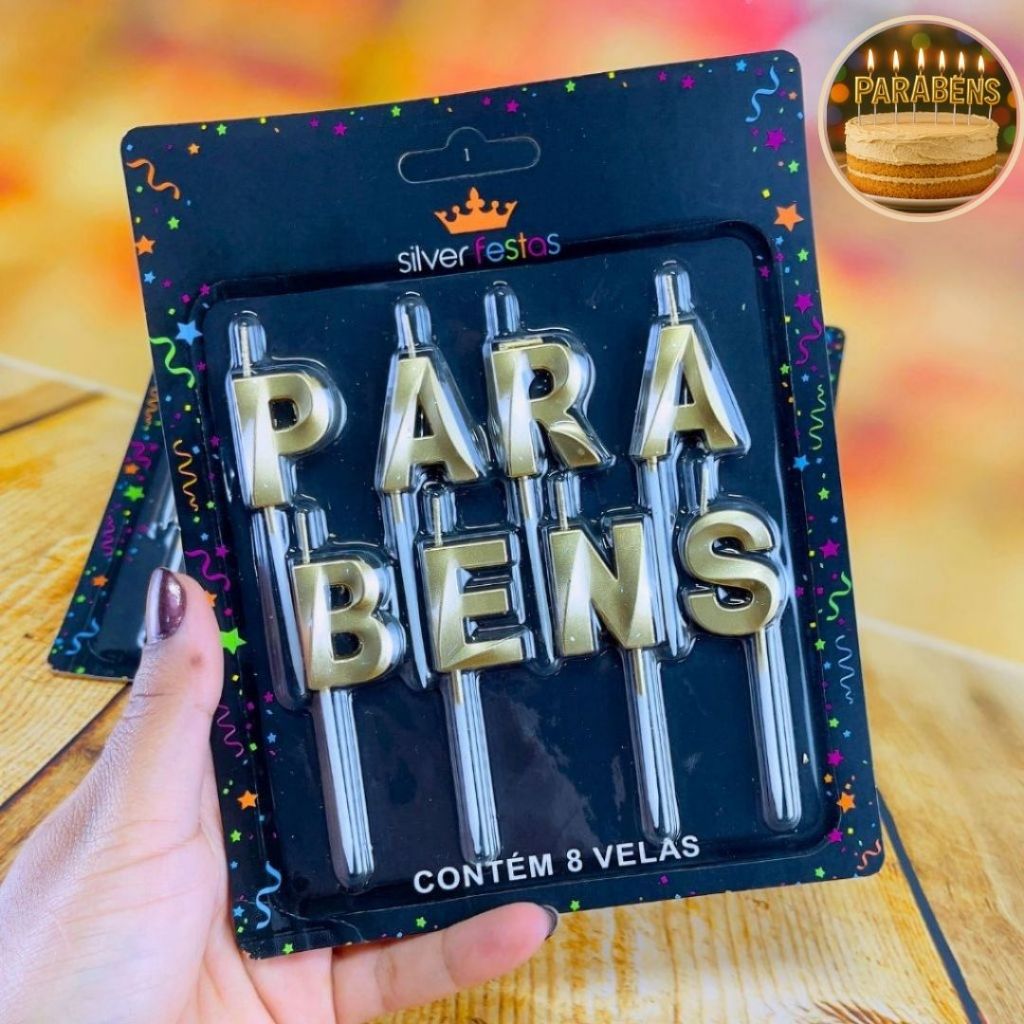 KIT 8 VELAS DESIGN PARABENS DOURADAS (SILVER FESTA) em Oferta na Shopee