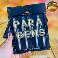 KIT 8 VELAS DESIGN PARABENS DOURADAS (SILVER FESTA)