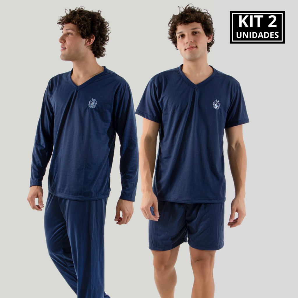 KIT 2 Pijamas Masculino Comprido + Curto Malha Confortável Verão e Inverno