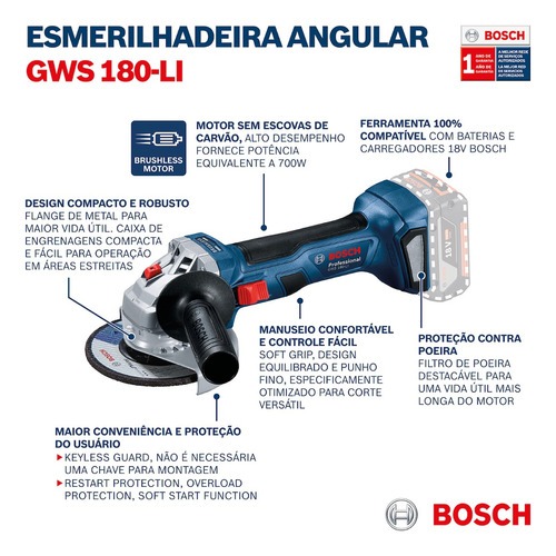 Detalhes do Kit Bosch Furadeira Parafusadeira GSB 18v-50 + Esmerilhadeira GWS 180-LI + 2 Baterias + Carregador