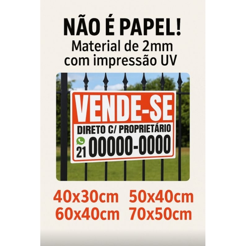 Placa "Vende-se" Direto com Proprietário | PS 2mm Resistente | Personalizável em Oferta na Shopee