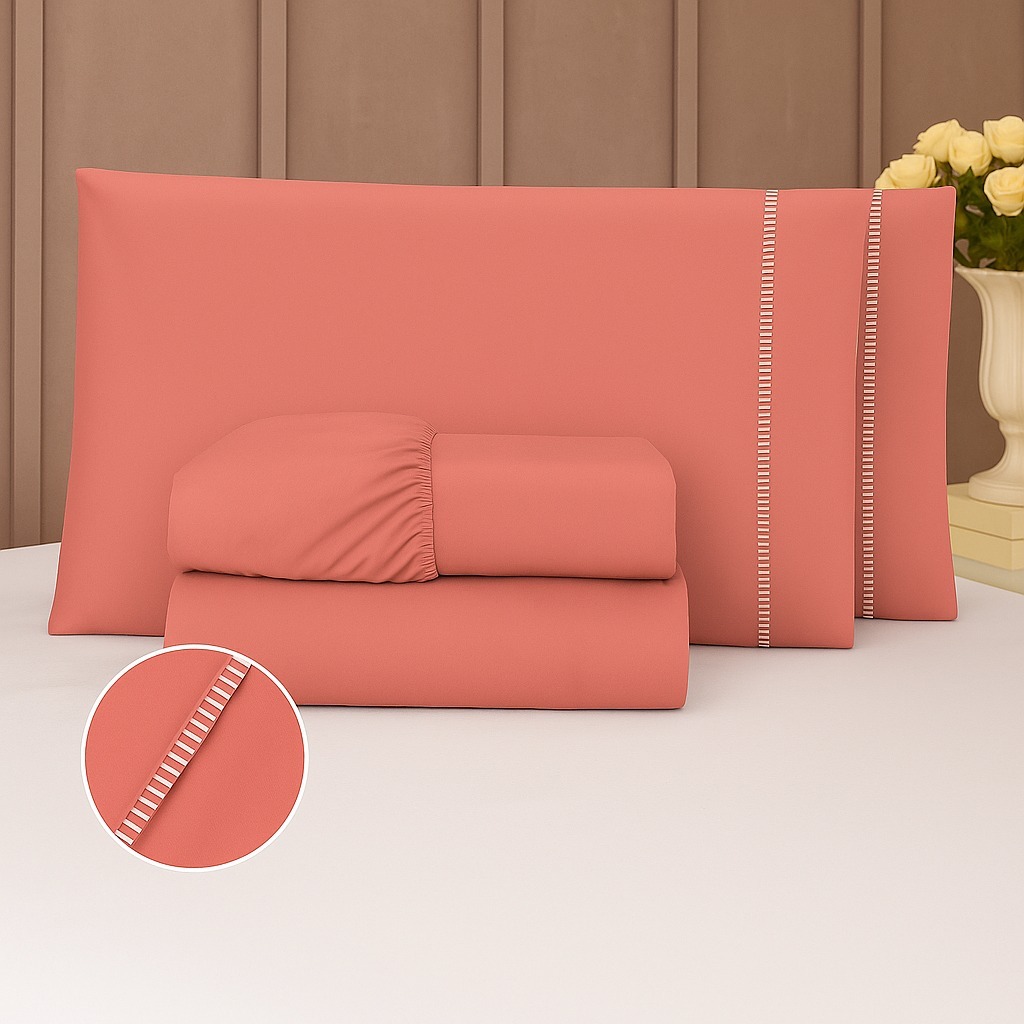 Jogo de Lençol 04 Peças 400 Fios Micropercal Ponto Palito Cama Solteiro, Casal, Queen, e King Super Macio