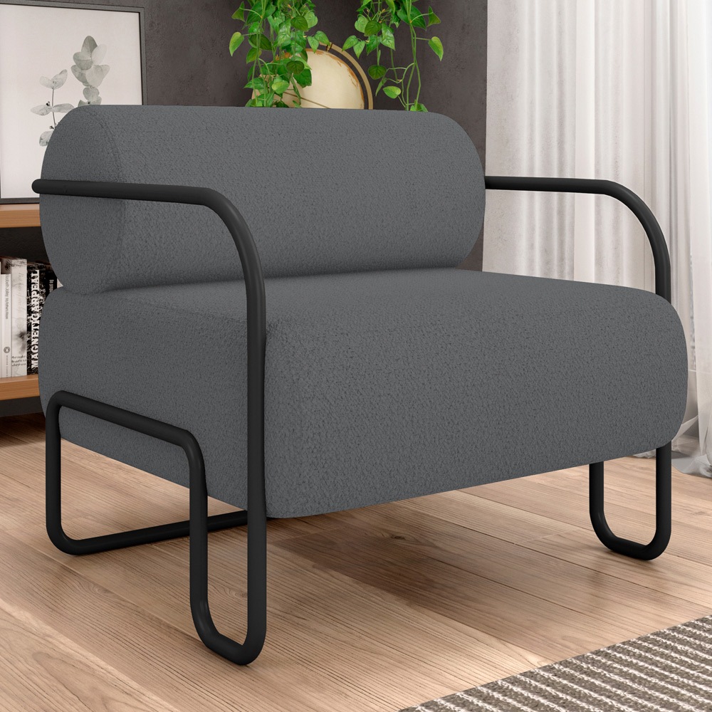 Poltrona Decorativa Pés Industrial Moscou K01 Bouclê Cinza - Lyam Decor