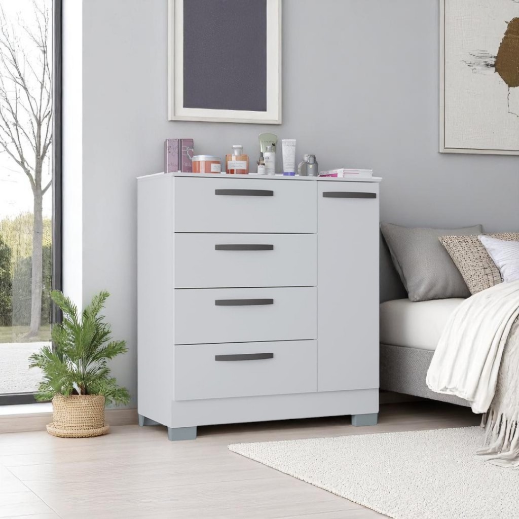Cômoda 1 Porta E 4 Gavetas Branco Organizador De Roupas Sapatos Para Quarto Mdp