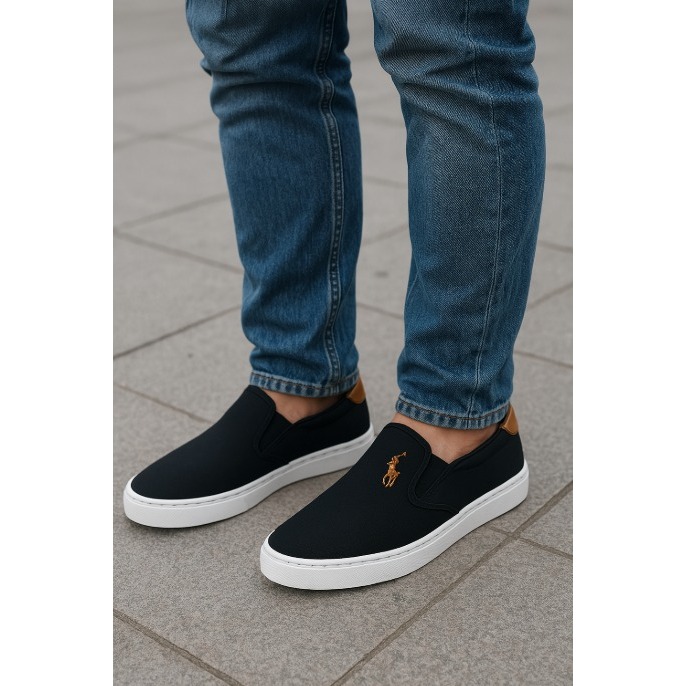 Tênis Masculino Slip On Preto Bordado Sapatenis Casual Confortável Estiloso