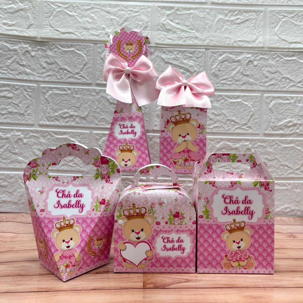 Kit Caixinhas Personalizadas Ursinha Princesa Chá de Bebe Menina Festa Lembrancinha