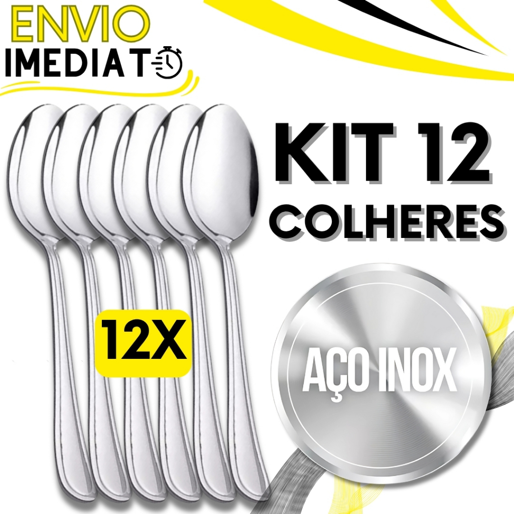 KIT 12 Peças Colher de Mesa Sopa Talher GRANDE Aço Inox Polido Premium Para Casa Cozinha Restaurante Padaria Caldinho