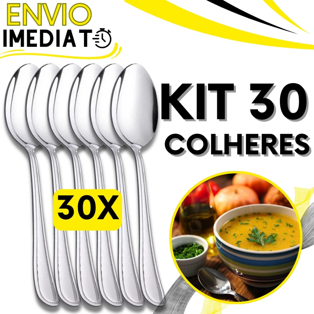 KIT 30 Peças Colher de Mesa Sopa Talher GRANDE Aço Inox Polido Premium Para Casa Cozinha Restaurante Padaria Caldinho