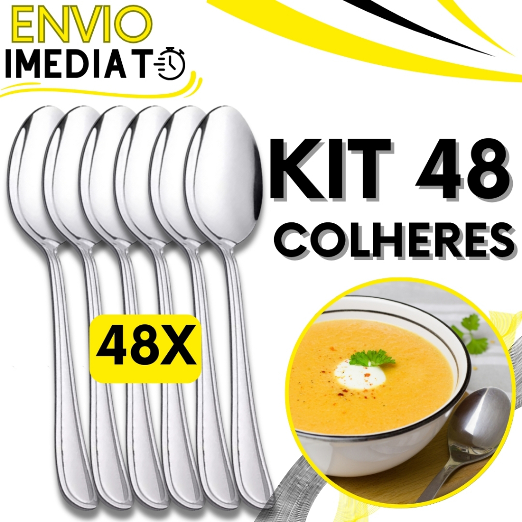 KIT 48 Peças Colher de Mesa Sopa Talher GRANDE Aço Inox Polido Premium Para Casa Cozinha Restaurante Padaria Caldinho
