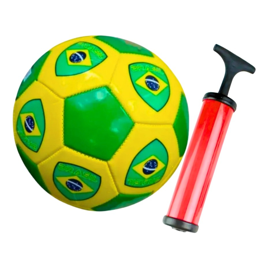 Bola De Futebol Campo Couro sintetico Verde Amarela Brasil para criança n°5 com bomba de encher