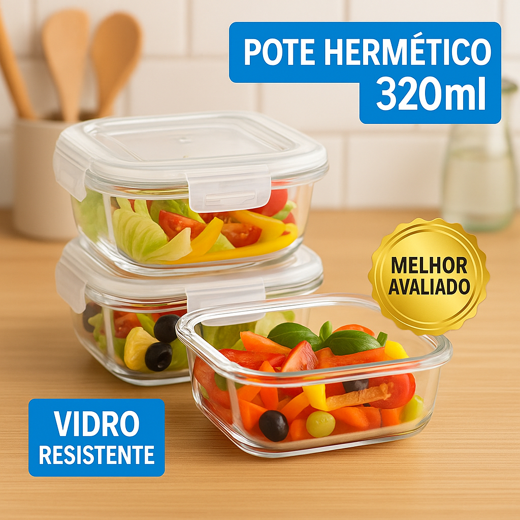Kit Potes Herméticos De Vidro Borosilicato Premium Para Marmita Mantimentos 320ML Com 4 Tr...