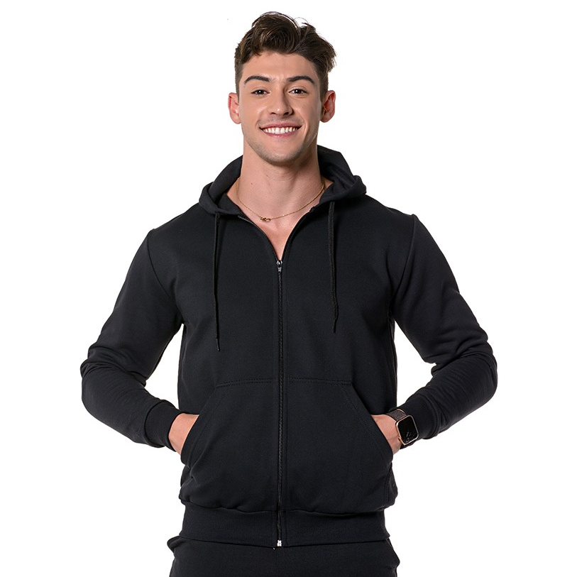 Moletom Masculino com Ziper Blusa Flanelada Bolso Canguru Casaco com Capuz Hoodie Promoção