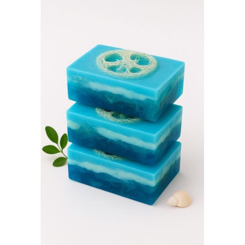 Kit 3 Sabonetes Artesanais Oceano com Bucha Vegetal - Esfoliante Natural, Hidratação, Presente Artesanal, Ecológico