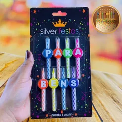 KIT 8 VELAS PARABENS PALIITO COLORIDOS (SILVER FESTA)