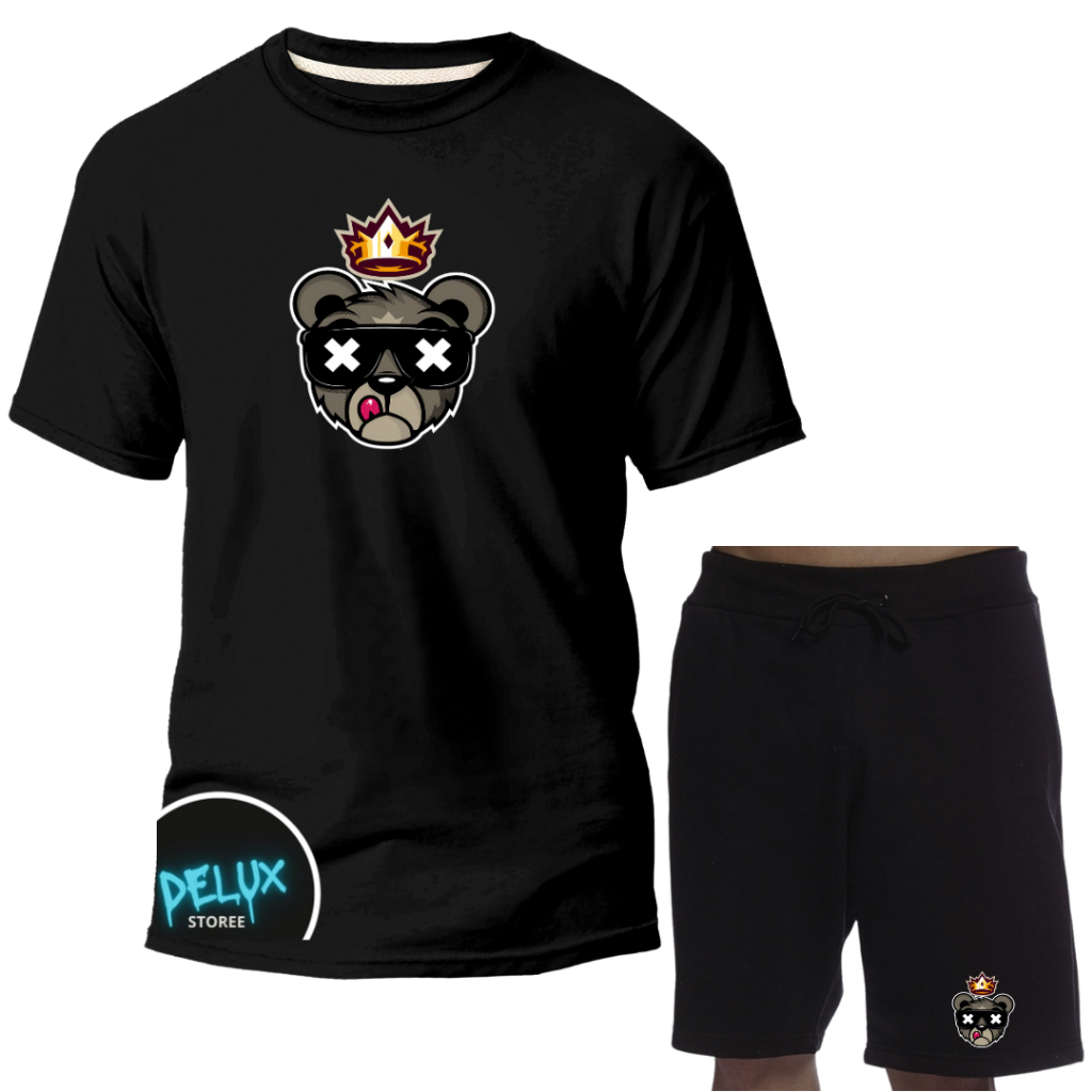 Conjunto Kit Camisa e Short Masculino Estampado Urso Marrom Coroa 100% Algodão 30.1 Promoção Lançamento
