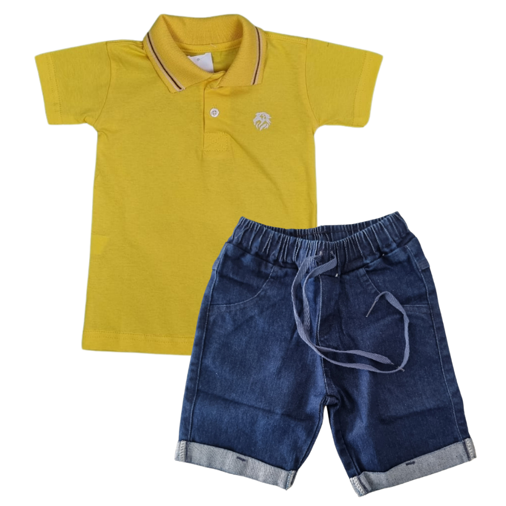 Conjunto Camiseta Polo Infantil Com Shorts Jeans Elástico