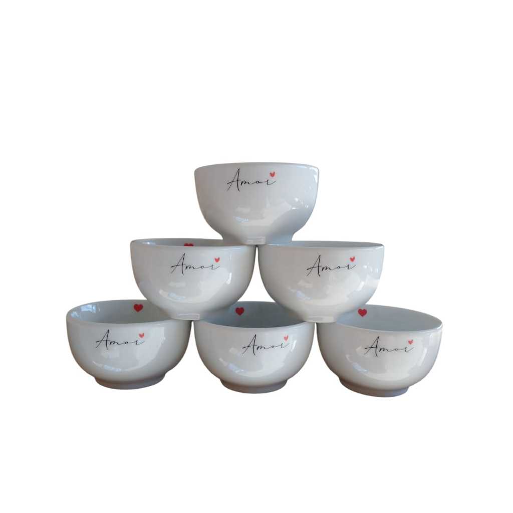 JOGO KIT 6 TIGELA BOWL CUMBUCA 400 ML PORCELANA BRANCA DECORADA AMOR E CORAÇÃO VERMELHO PERFEITO PARA SOBREMESA E CALDOS