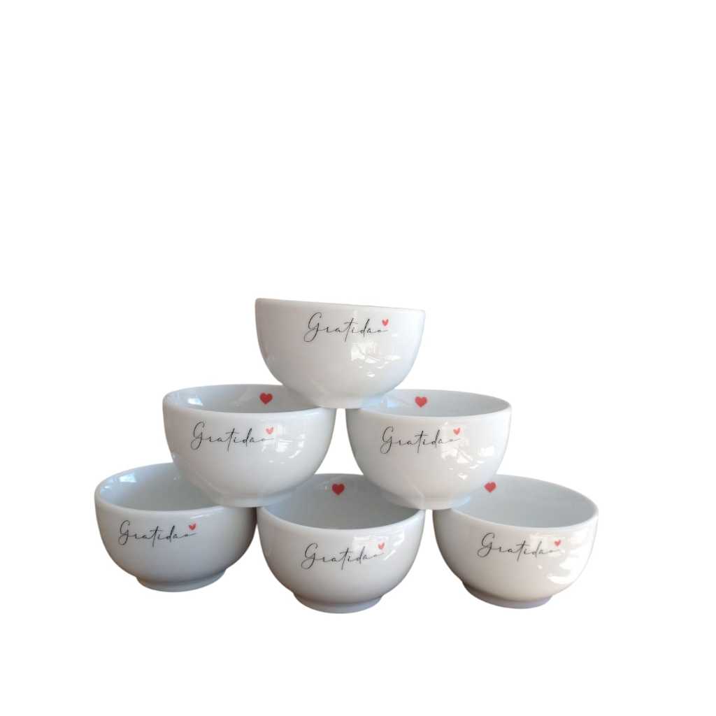 JOGO KIT 6 TIGELA BOWL CUMBUCA PORCELANA BRANCA 400 ML DECORADA GRATIDÃO E CORAÇÃO VERMELHO IDEAL PARA CALDO E SOBREMESA