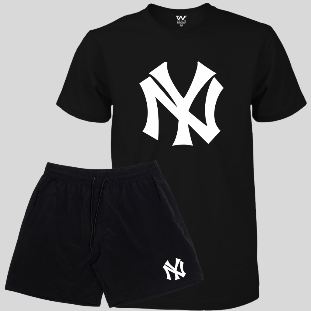 Kit Camiseta Algodão NY + Short Praia Masculino Elastano Varias Cores Lançamento