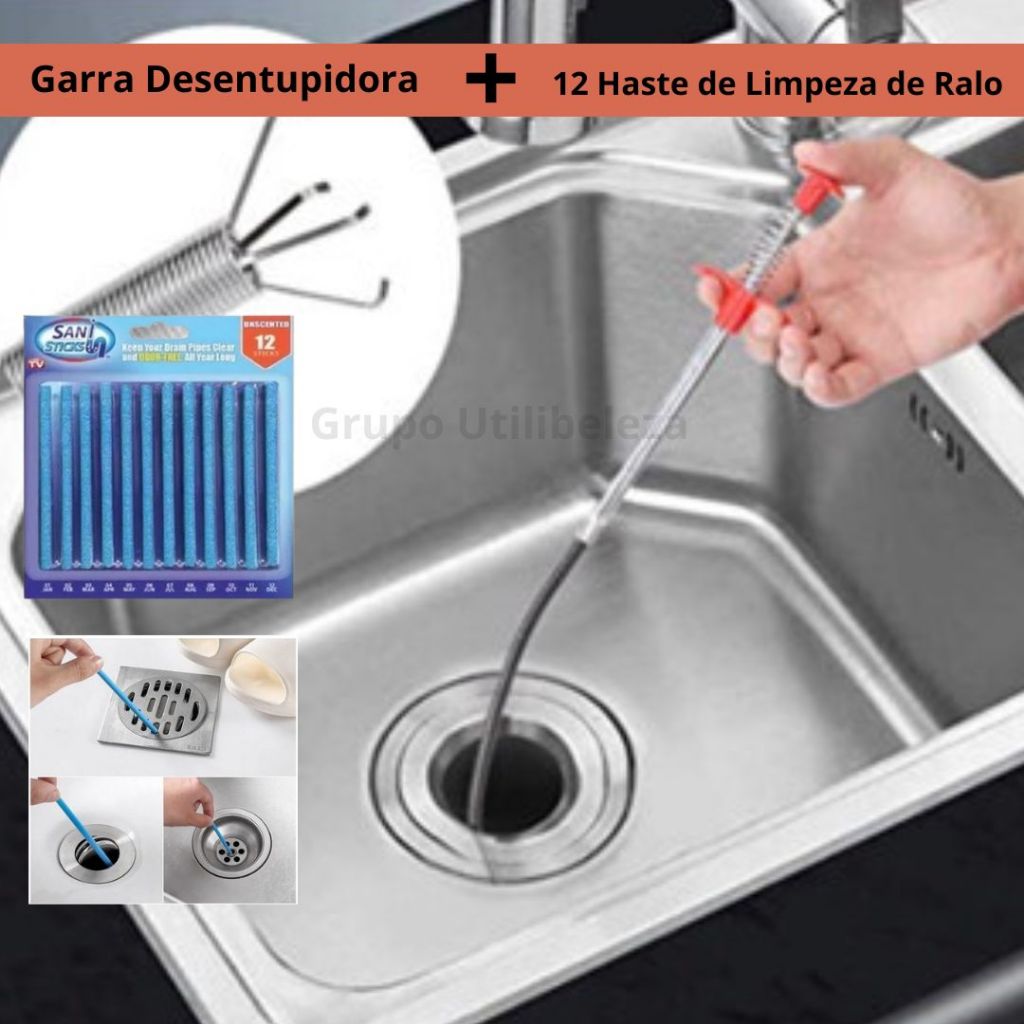 KIT COMPLETO Desentupidor Garra de Limpeza Multifuncional + 12 Haste de Limpeza para Ralos e Pia em Oferta na Shopee