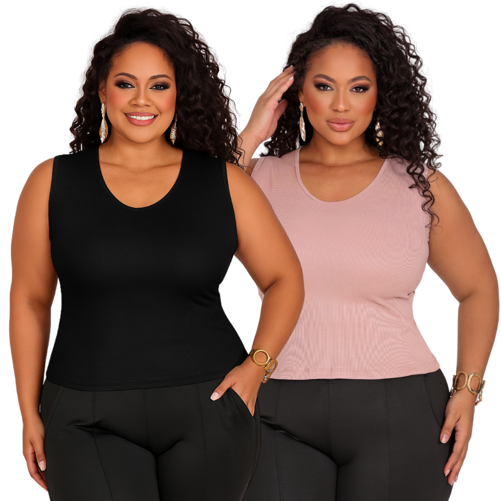 Kit 2 Regatas Femininas Plus Size Caneladas com Gola V Malha Ribana Curve Premier GG ao G4