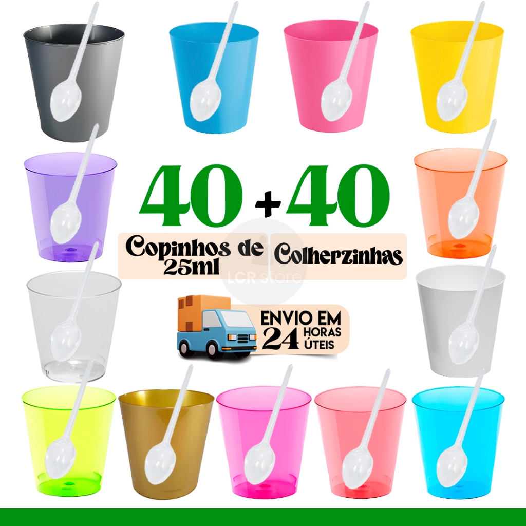 40 Copinho para Brigadeiro de Colher 25 ml + 40 Mini Colher Copinhos Acrilico para Doces