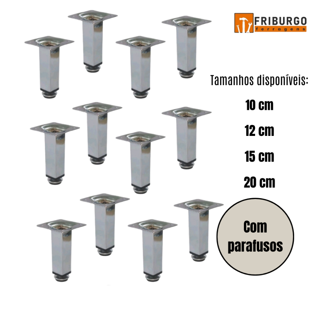 Kit com 12 UND Pés Para Móveis Cromado Regulável Quadrado de 10cm/  12cm/  15cm/  20cm