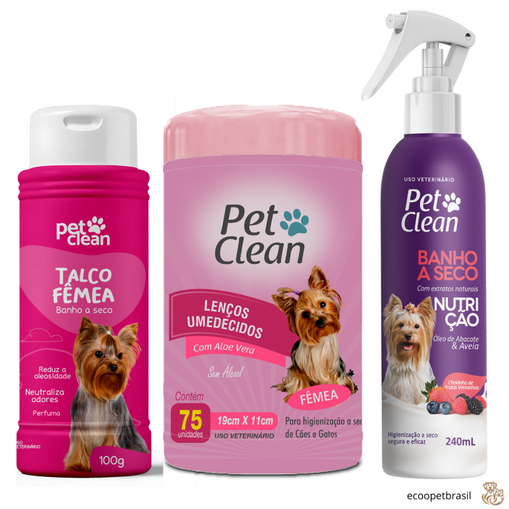 Kit Banho a Seco Super Premium  + Talco Fêmea + Lenços Femea para Cachorro Cães e Gatos - Pet Clean