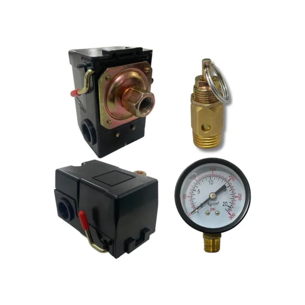 Kit Pressostato 80/120psi 1 Via Manômetro Válvula Segurança 125 Psi
