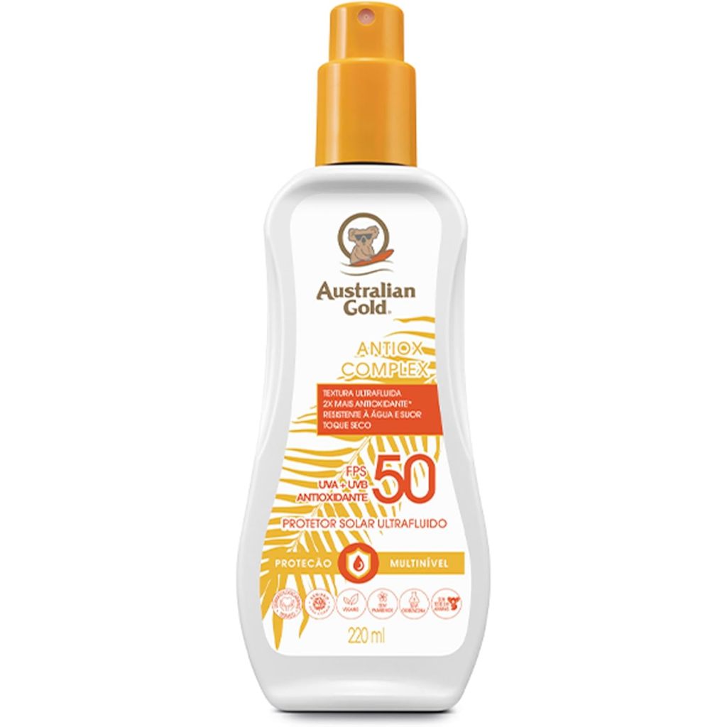 Protetor Solar Corporal Spray Australian Gold Antiox Complex Ultra Fluido FPS50 Com 220ml em Oferta na Shopee