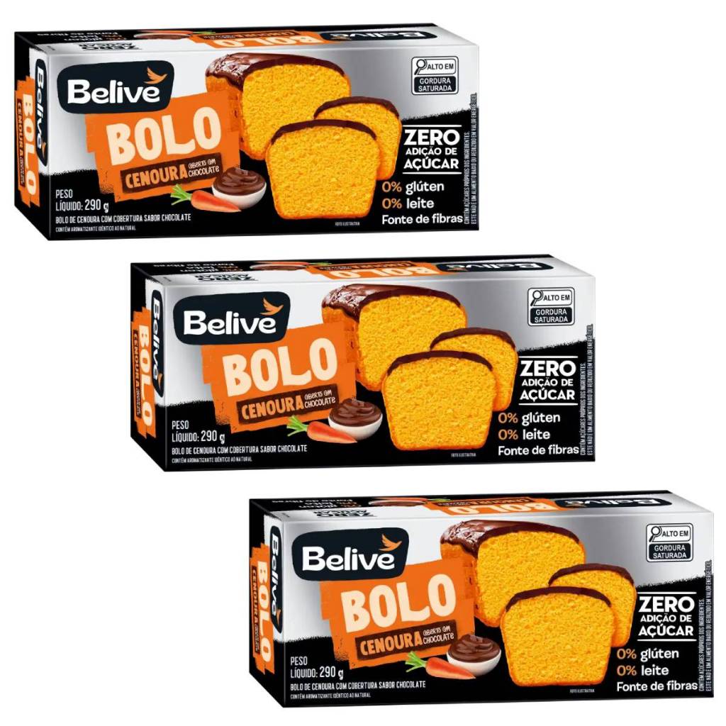 Bolo de Cenoura Coberto com Chocolate Belive Zero 290g Kit 3 Unidades, Sem Glúten e Sem Lactose