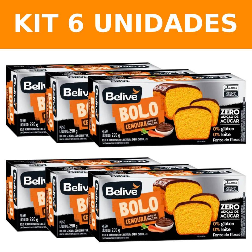 Bolo de Cenoura com Cobertura de Chocolate Belive Zero 290g Kit com 6 Uni, Sem Glúten e Zero Açúcar