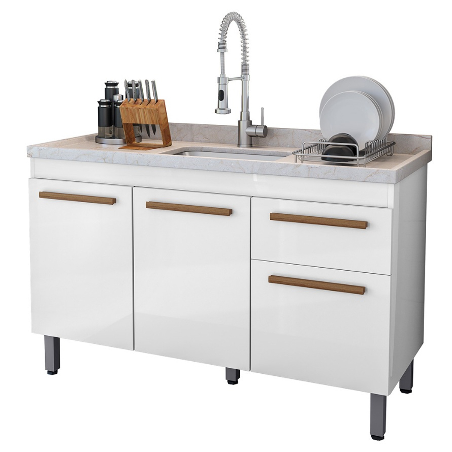 Armário Gabinete Balcão Para Pia De 120cm Sem Tampo Olivia 5 Pés Em Pvc 1 Gaveta 3 Portas