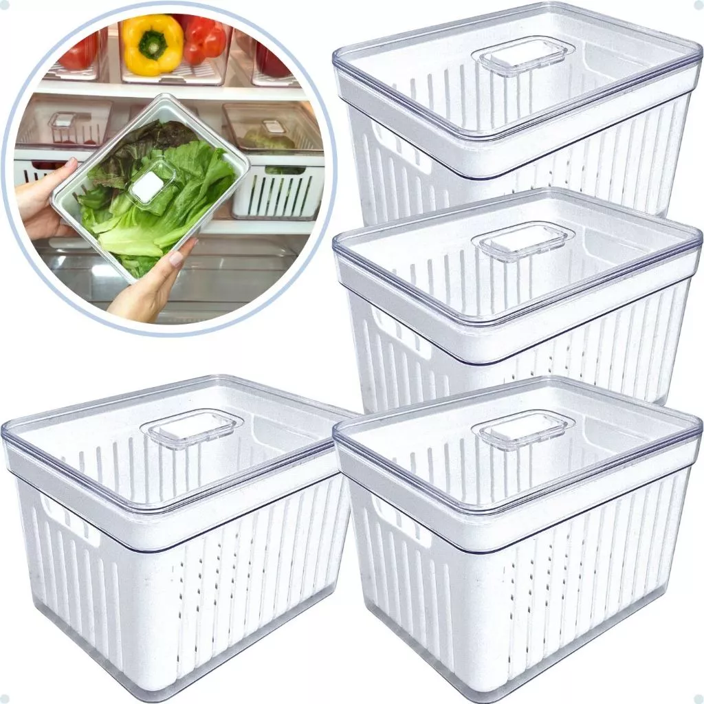 Kits Organizadores De Geladeira Clear Com Tampa E Cesto Drenagem — imagem 1