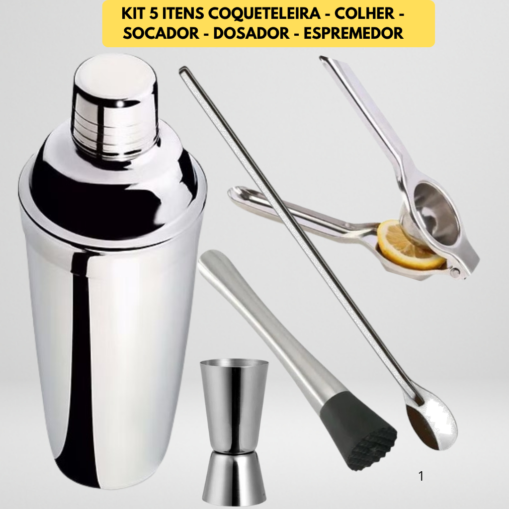 Kit Coqueteleira 750ml 5 Peças Inox Caipirinha Drinks Coqueteleira Dosador Socador Espremedor Colher