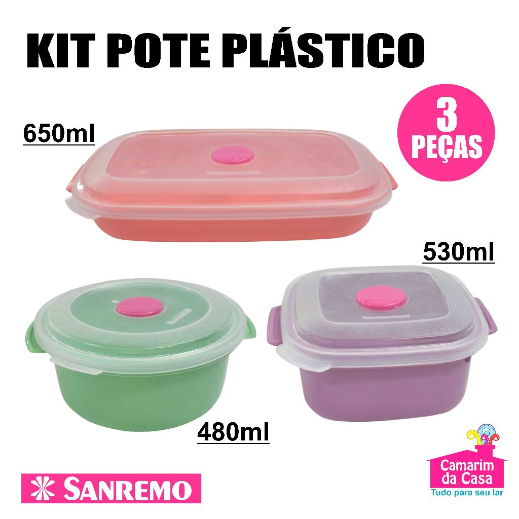 Kit c/ Potes Plástico Colorido c/ Tampa Transparente Linha Vac Freezer Sanremo Quadrado Retangular Redondo Excelente