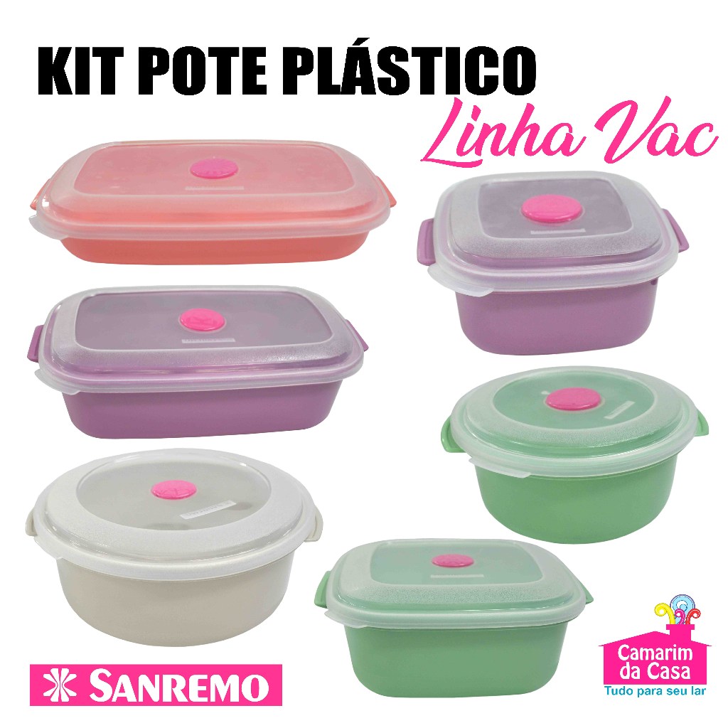 Kit c/ Potes Plástico Colorido c/ Tampa Transparente Linha Vac Freezer Sanremo Quadrado Retangular Redondo Excelente em Oferta na Shopee