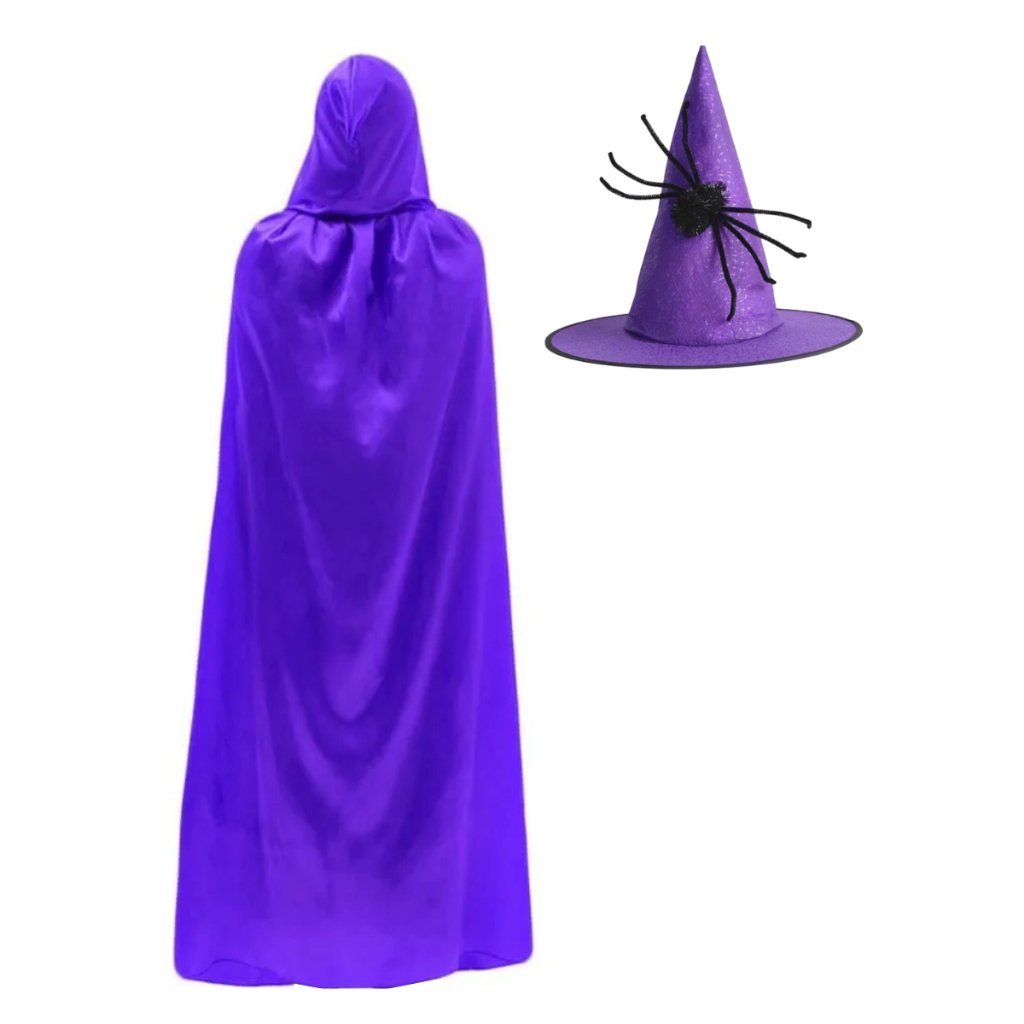 Fantasia Bruxa Roxa Capa C/capuz Chapéu Halloween Carnaval