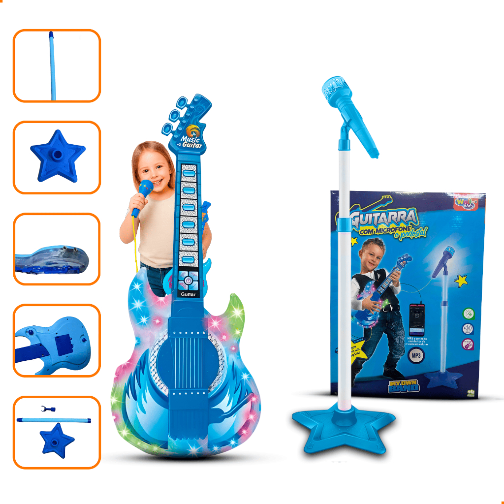 Guitarra Infantil com Microfone. Brinquedo Musical c/ Luzes e Sons para Crianças. Brinqued...