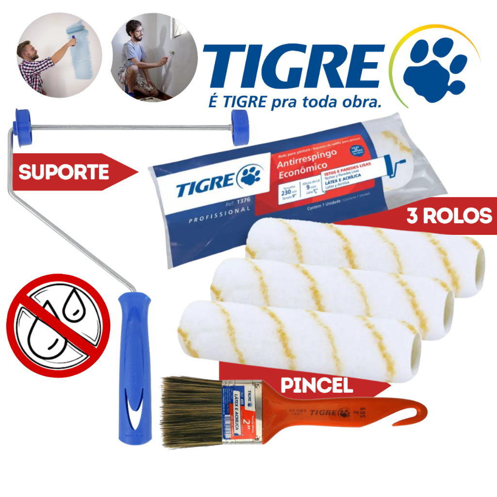 Rolo Antirespingo/Antigota Suporte de rolo 23cm Garfo Trincha2'' Kit Pintura Tetos/Paredes Kit Tigre