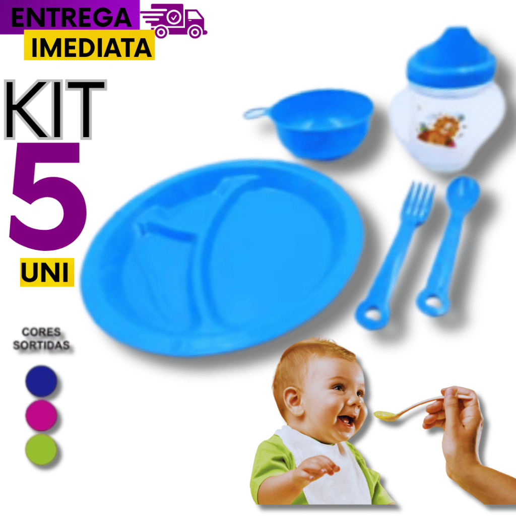 Kit Papinha  5 Unidades Para Bebê em Plástico 1 Garfo 1 colher 1 Prato 1 Pote 1 Copo com tampa Cores Sortidas