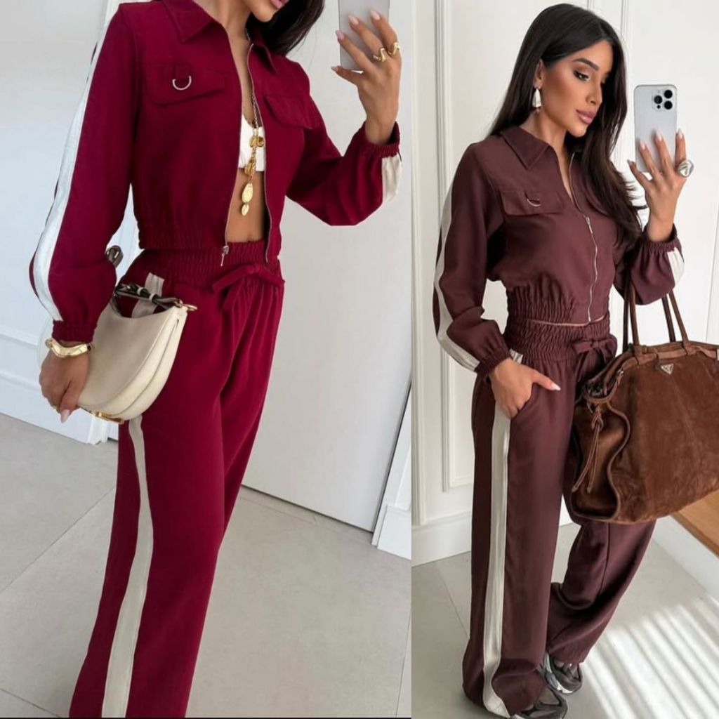 Conjunto Pantalona com Listra Lateral + Jaqueta com Zíper de Metal