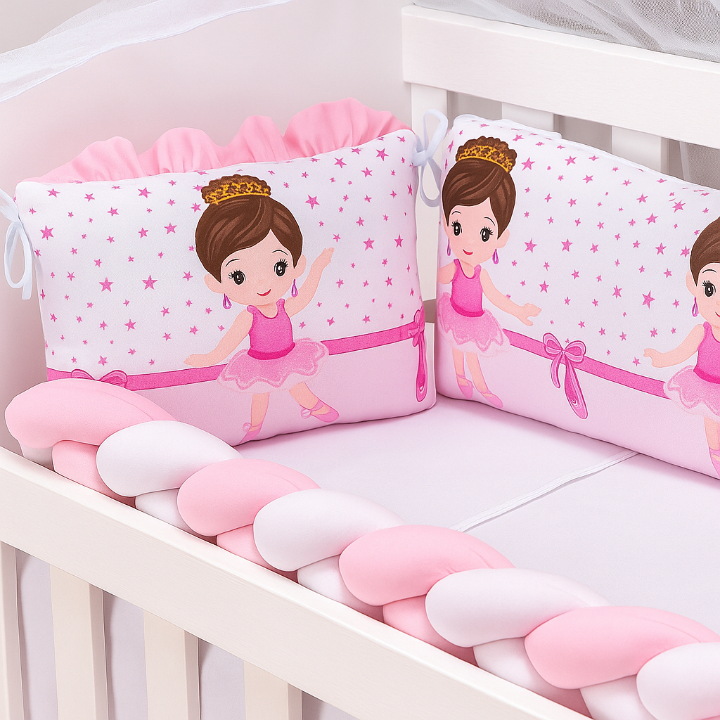 Kit Mini Berço 08 Peças com Trança, Mosquiteiro e Edredom – Enxoval Bebê Estampa Fofa e Confortável