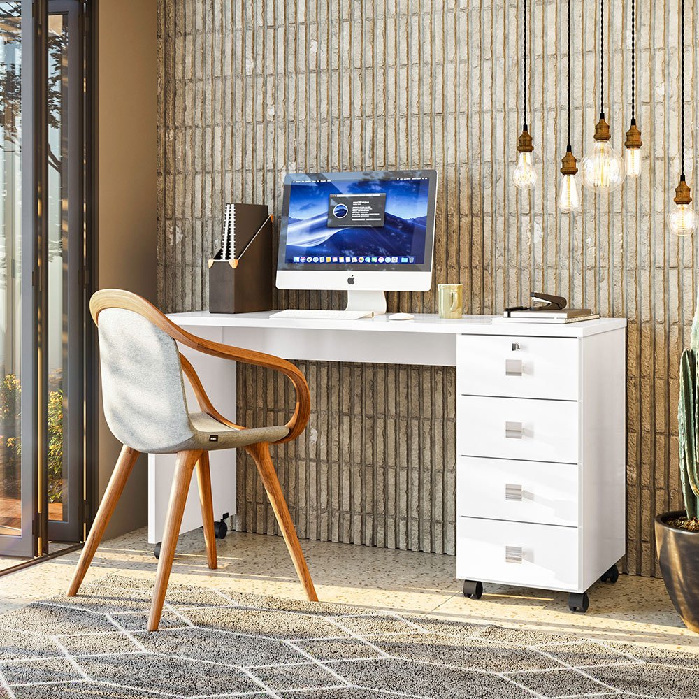 Escrivaninha Manicure Mesa Computador Office Dubai - 4 Gavetas com Chave Rodízios - Lukaliam Móveis