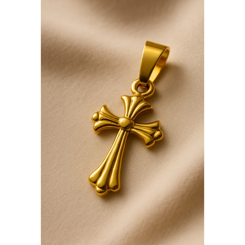 pingente cruz dourada aço inox feminino colar religioso delicado