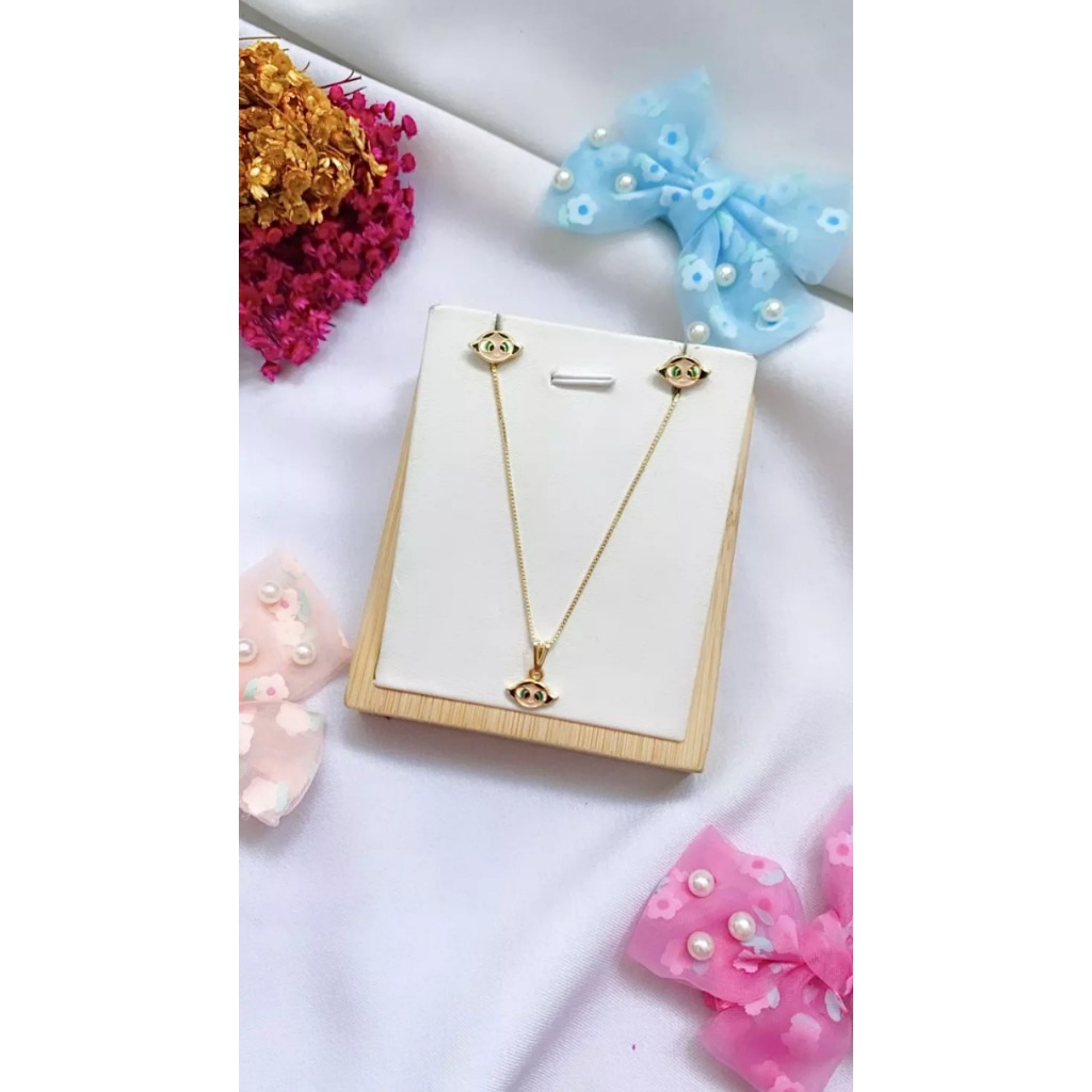Conjunto Infantil Meninas Super Poderosas Dourado | Colar e Brinco Folheado a Ouro 18k
