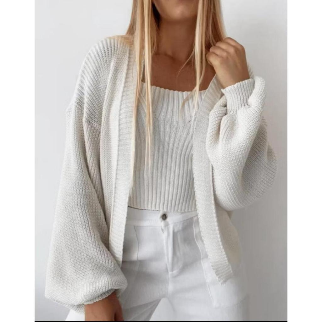 Casaco  Tricot Cardigan Feminino Ponto Fang Manga Longa Bufante Iverno em Oferta na Shopee