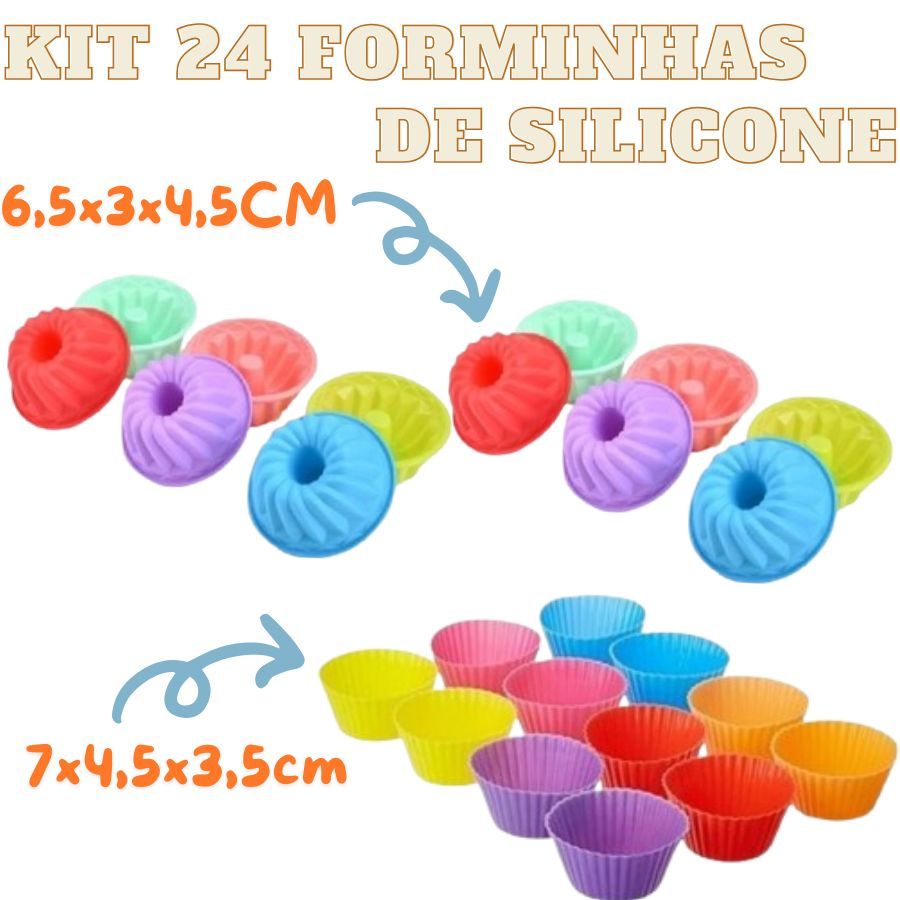 Kit 24 Forminhas De Silicone Para Bolinho Cupcake 6,5x3X4,5 E 7x4.5x3.5 Multiuso Coloridos