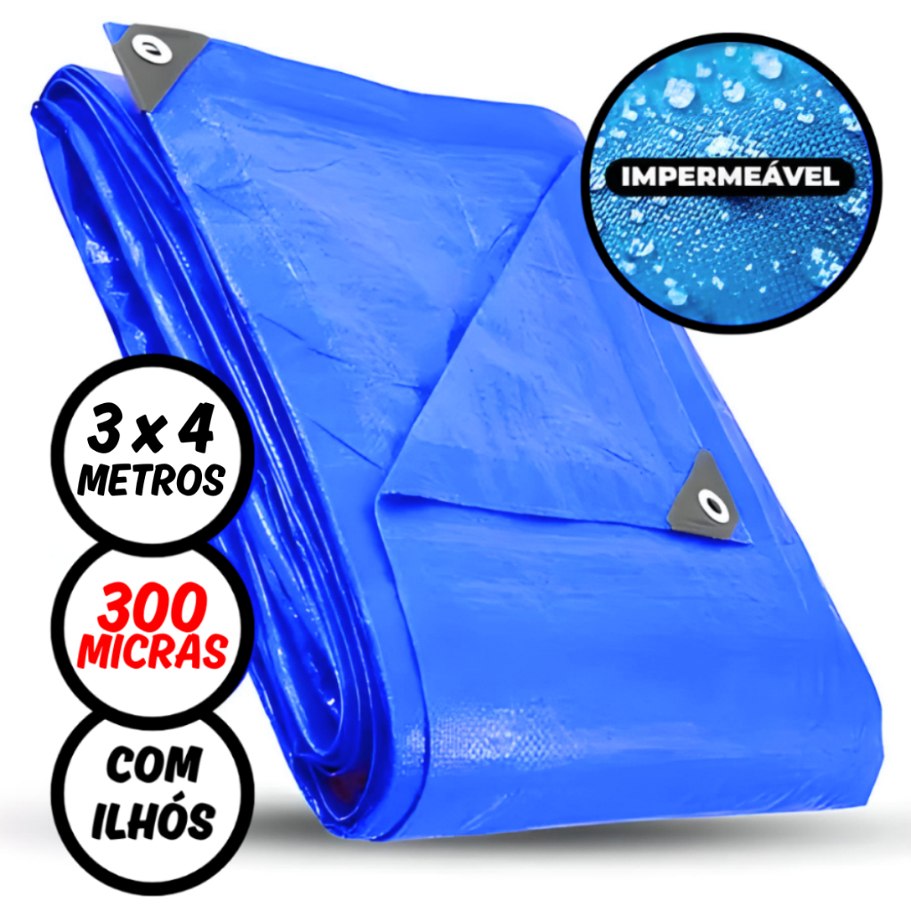 Lona Plástica 300 Micras Impermeável 4 x 3 Metros Azul com Ilhós Reforçados 4D