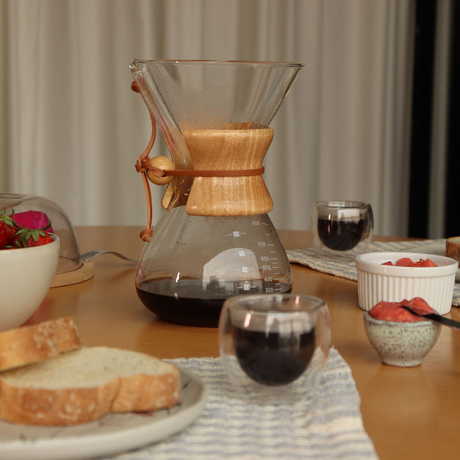 Cafeteira De Vidro Chemex com Filtro de Inox + 6 Copos Double Wall 80ml